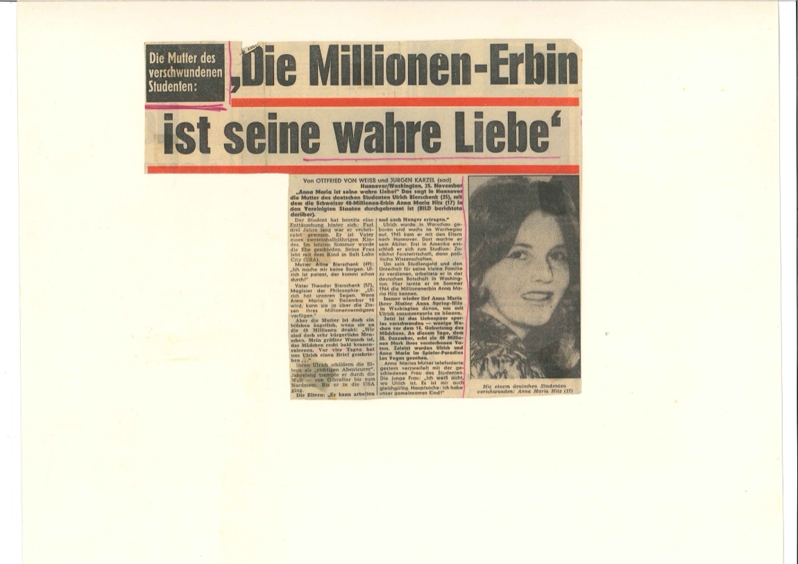 BILD, West Germany, November 1965: Die Millionen-Erbin ist seine wahre Liebe (The Millionaire Heiress Is His True Love).