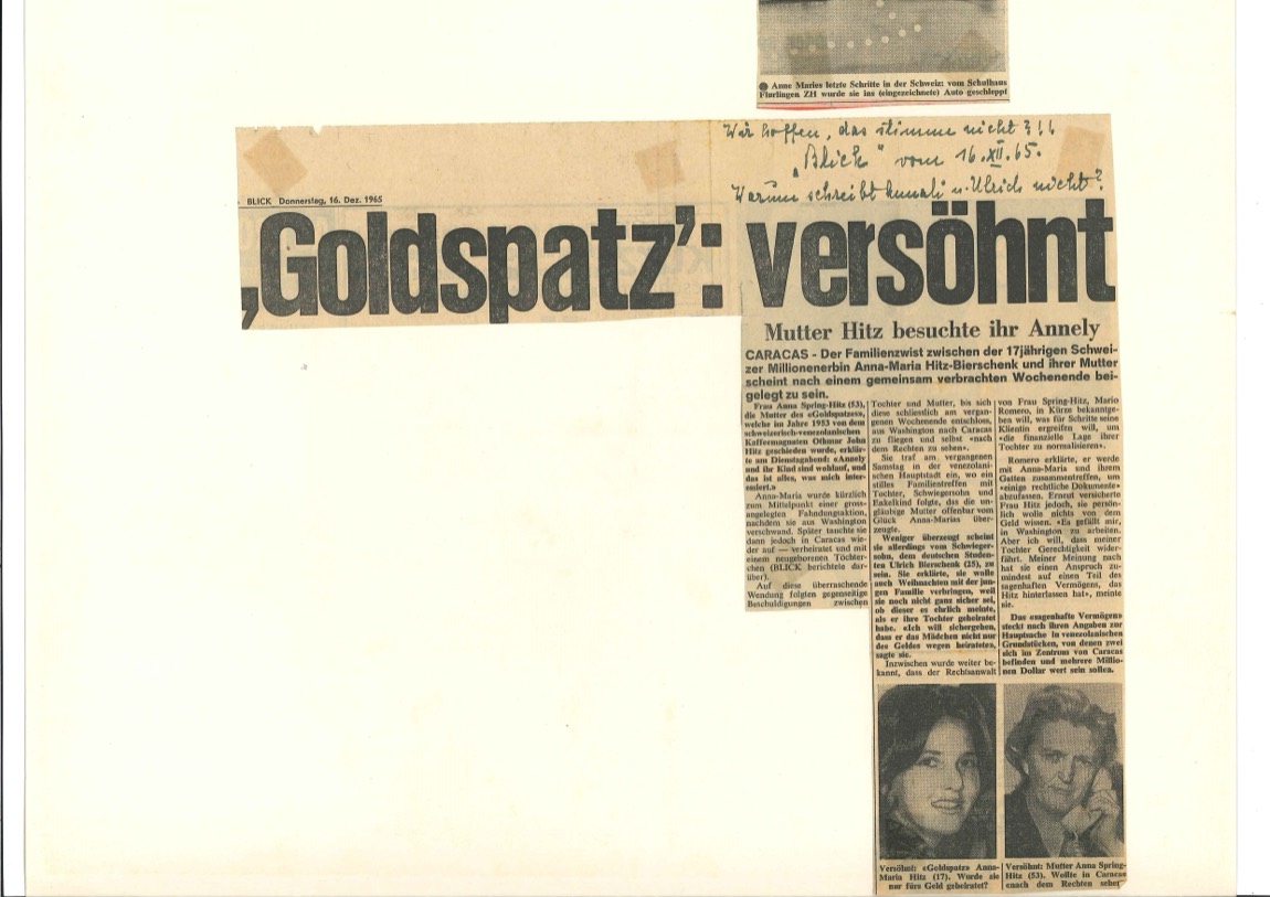 BLICK, Zurich, December 16, 1965: Goldspatz versoehnt (The Golden Sparrow, Reconciled). Mother Hitz visits her daughter in Caracas.