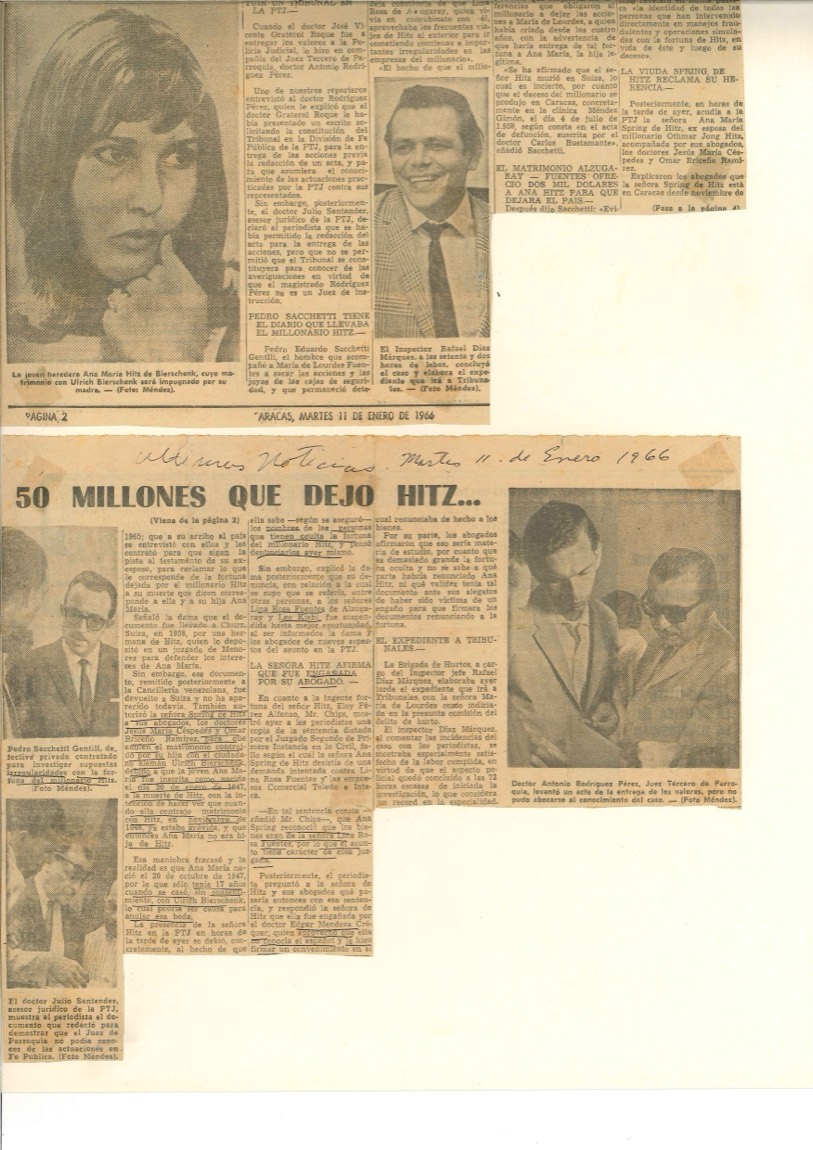 Caracas press, January 11, 1966: 50 Millones que dejo Hitz (The 50 Million That Hitz Left), with a photograph of the heiress Anna Maria Hitz de Bierschenk.