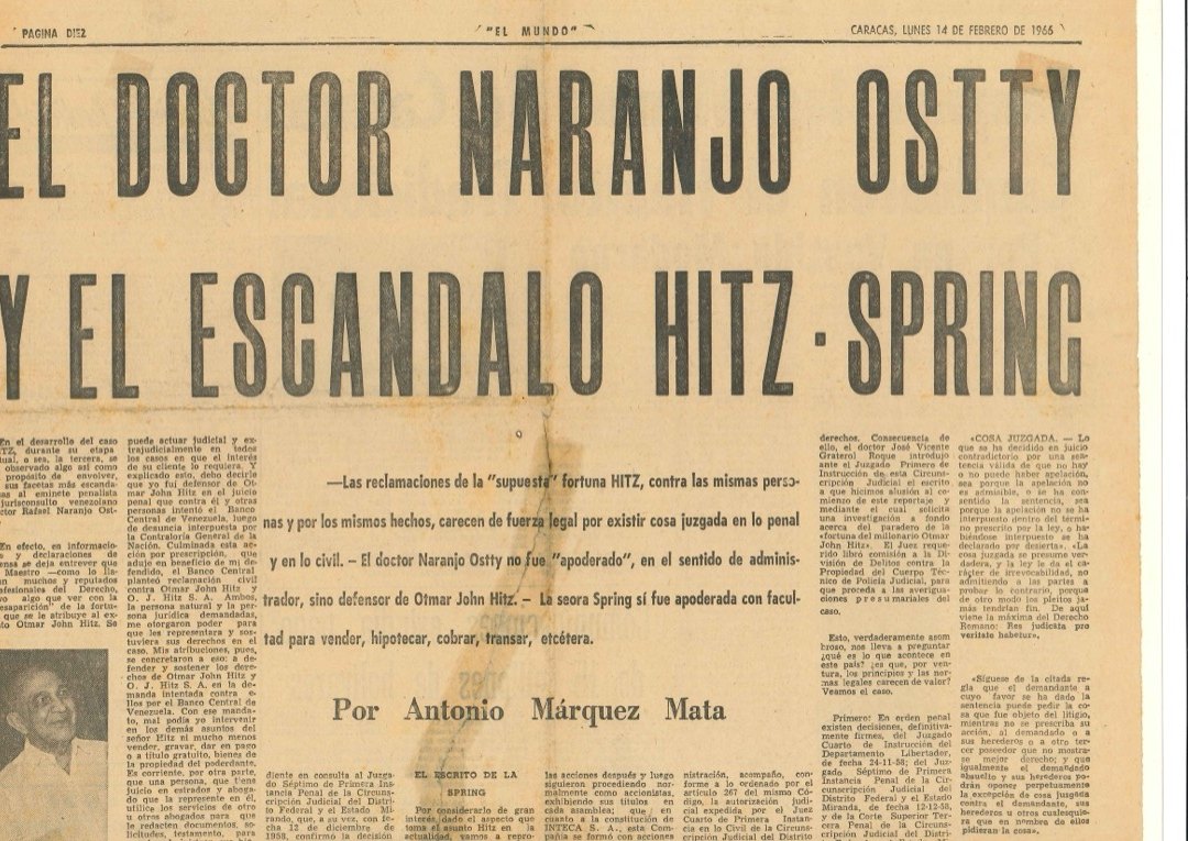 El Mundo, Caracas, February 14, 1966: Dr. Naranjo Ostty and the Hitz-Spring scandal.