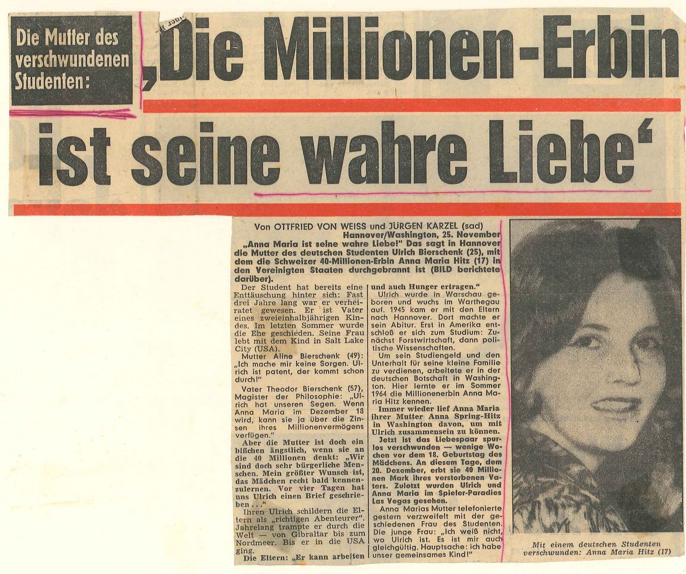 BILD, West Germany, November 25 1965: Die Millionen-Erbin ist seine wahre Liebe (The Millionaire Heiress Is His True Love).