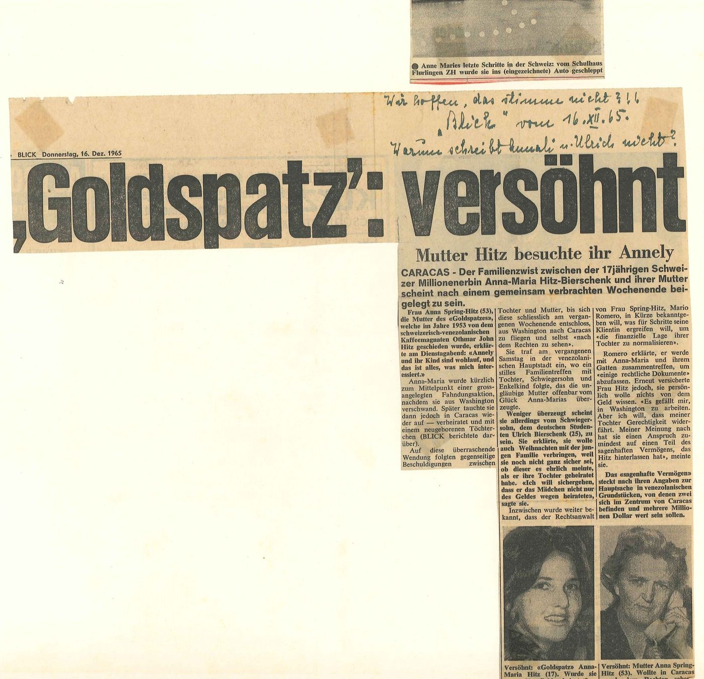 BLICK, Zurich, 1965: Goldspatz, with the family's handwritten note.