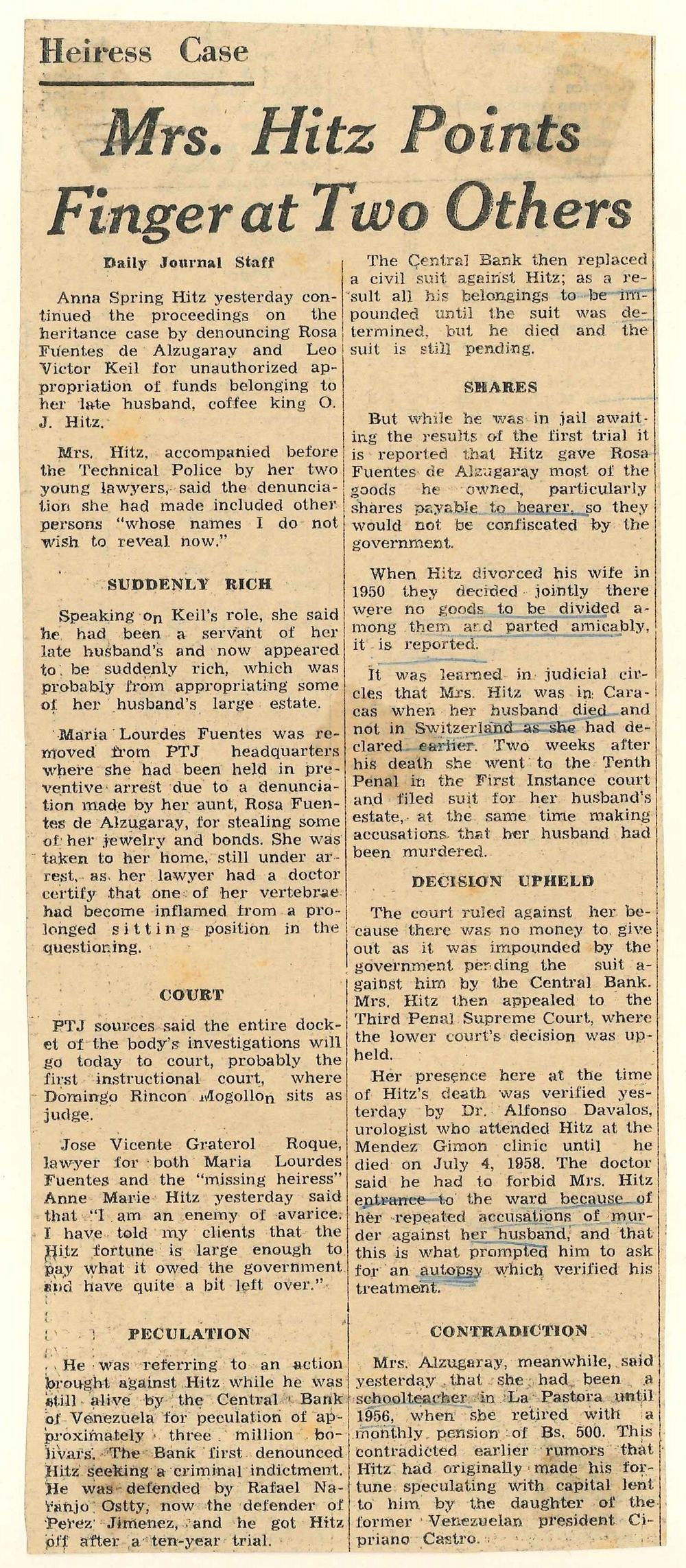 Daily Journal, Caracas, late 1965: Mrs. Hitz Points Finger at Two Others. The passages about bearer shares, the murder accusations and the autopsy are underlined.