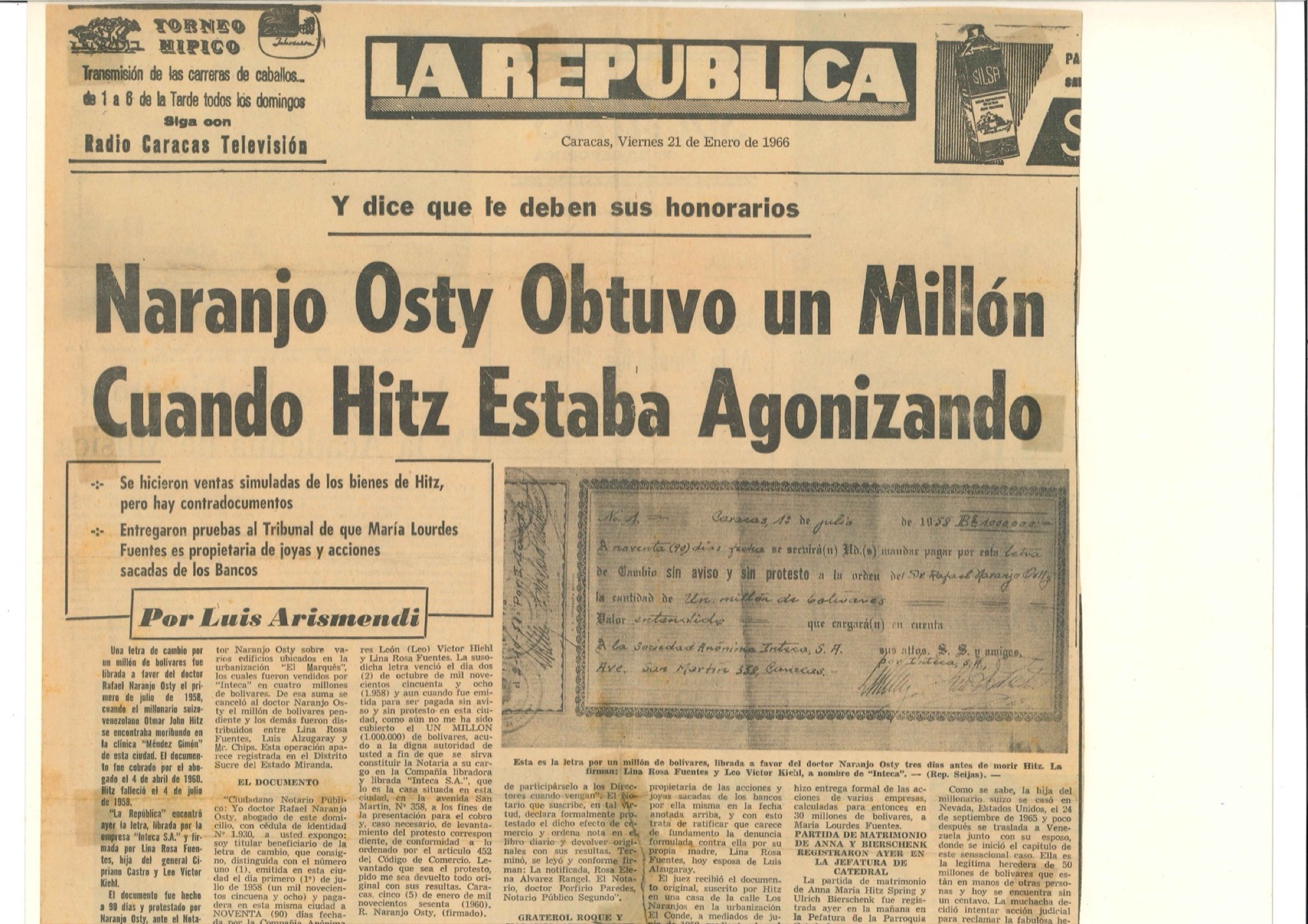 La Rep&uacute;blica, 21 January 1966, reproducing a bill of exchange for one million bolivares payable to Rafael Naranjo Ostty.