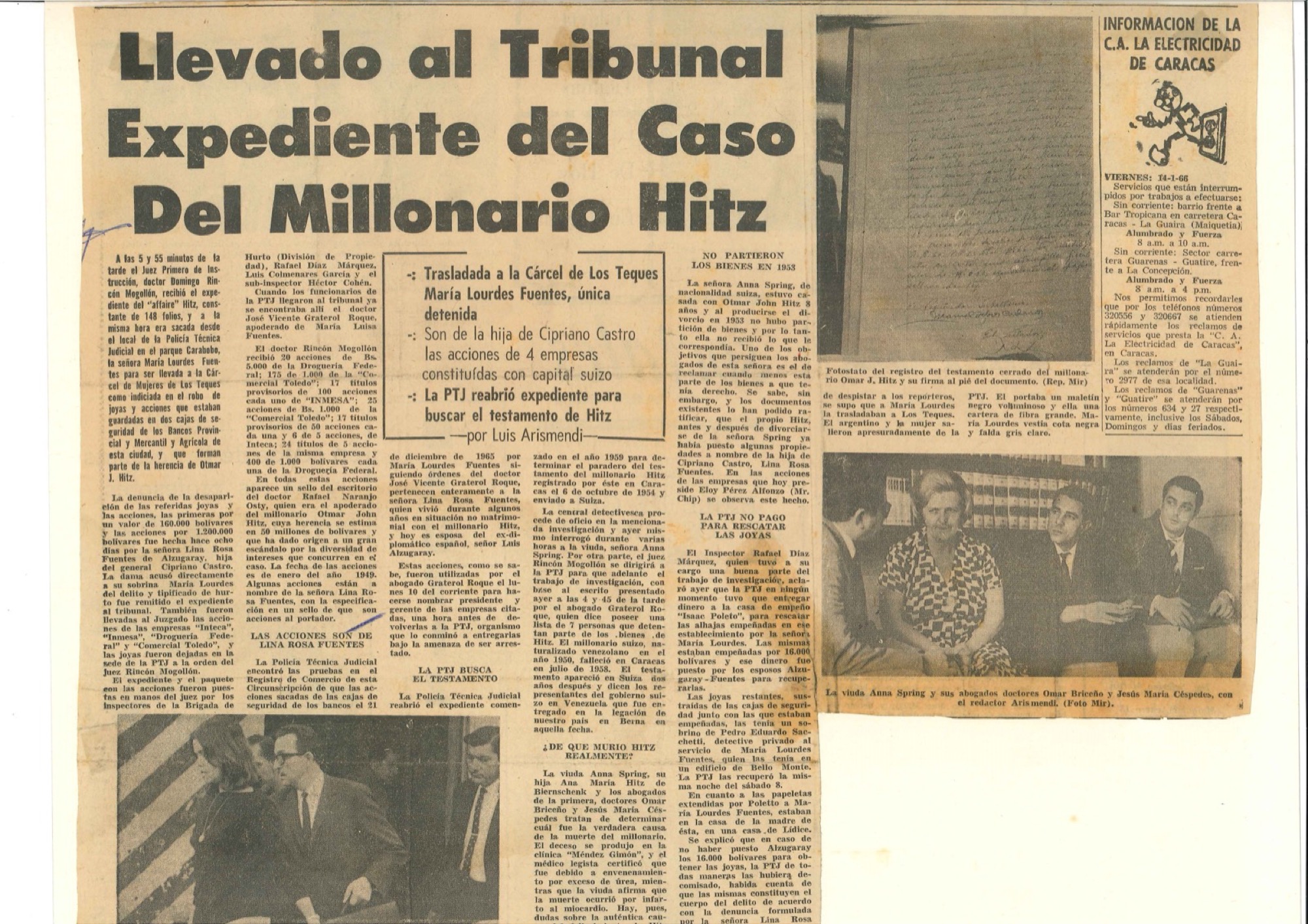 La Republica, Caracas, 14 January 1966: photostat of the registry entry for the sealed will of Othmar J. Hitz, with his signature at the foot of the document.