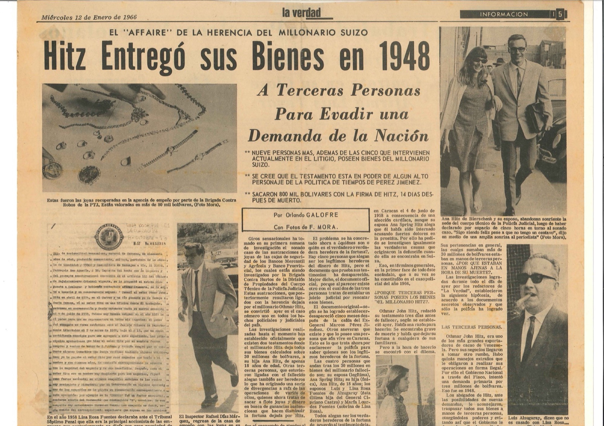 La Verdad, Caracas, 12 January 1966: Hitz handed his assets to third parties in 1948 to evade a claim by the nation.