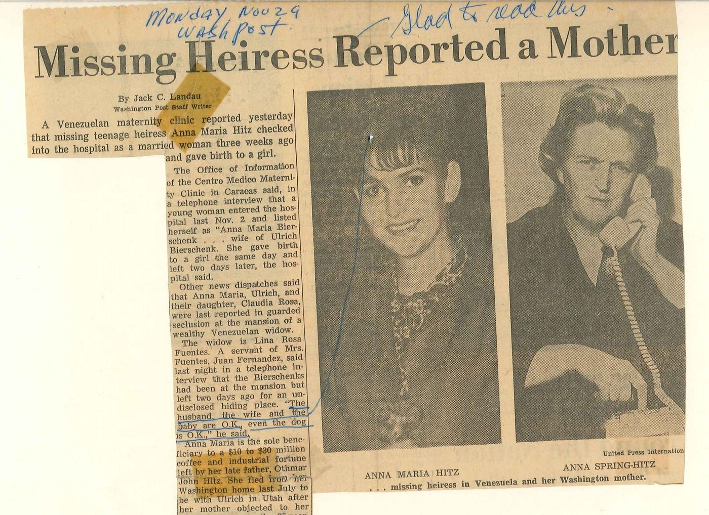 1965 press portrait of the heiress and her mother, annotated by the family.